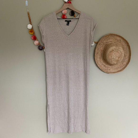 💖 3 for $35 Forever 21 Cream Ribbed V Neck Midi Dress Size Small - Picture 4 of 7